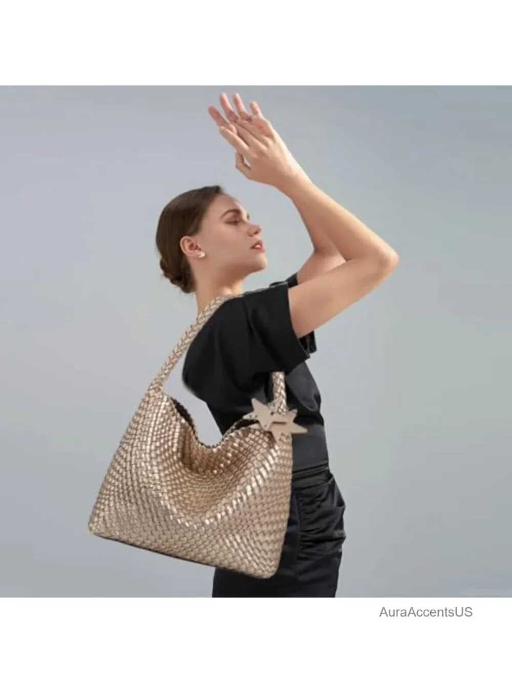 Woven Tote Bag with Clutch Set - Vegan Leather Shoulder Handbag, Magnetic